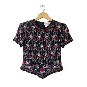 Papell Boutique Silk Sequin Beaded Top Petite S Floral Elegant Special Event‎